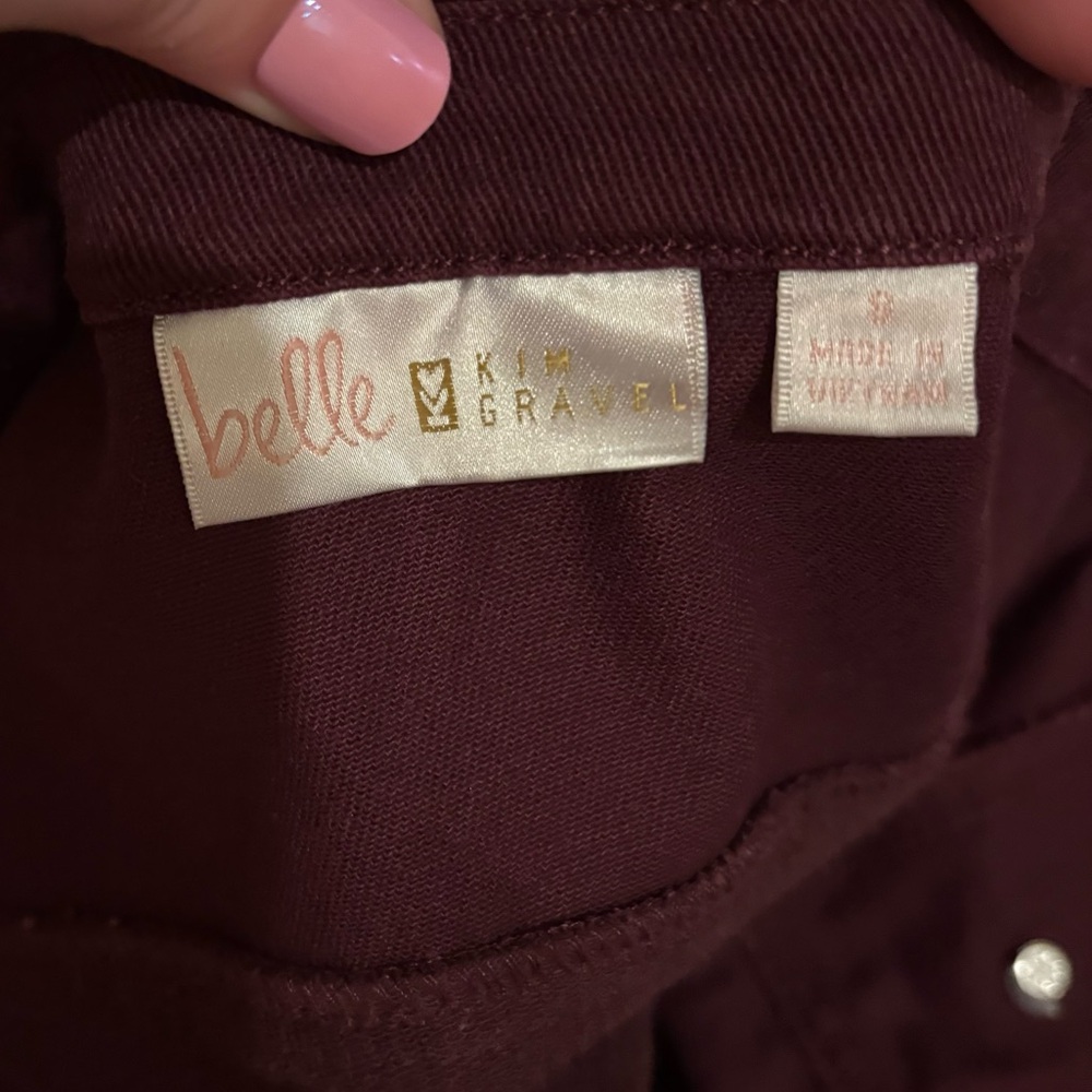 ❗️FINAL❗️Belle by Kim Gravel Burgundy Mixed Textile Jean Jacket 8 - Picture 5 of 7